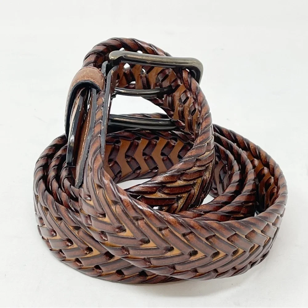TOMMY HILFIGER Men’s Fully Adjustable Braided Belt Brown Woven Vegan Leather 42